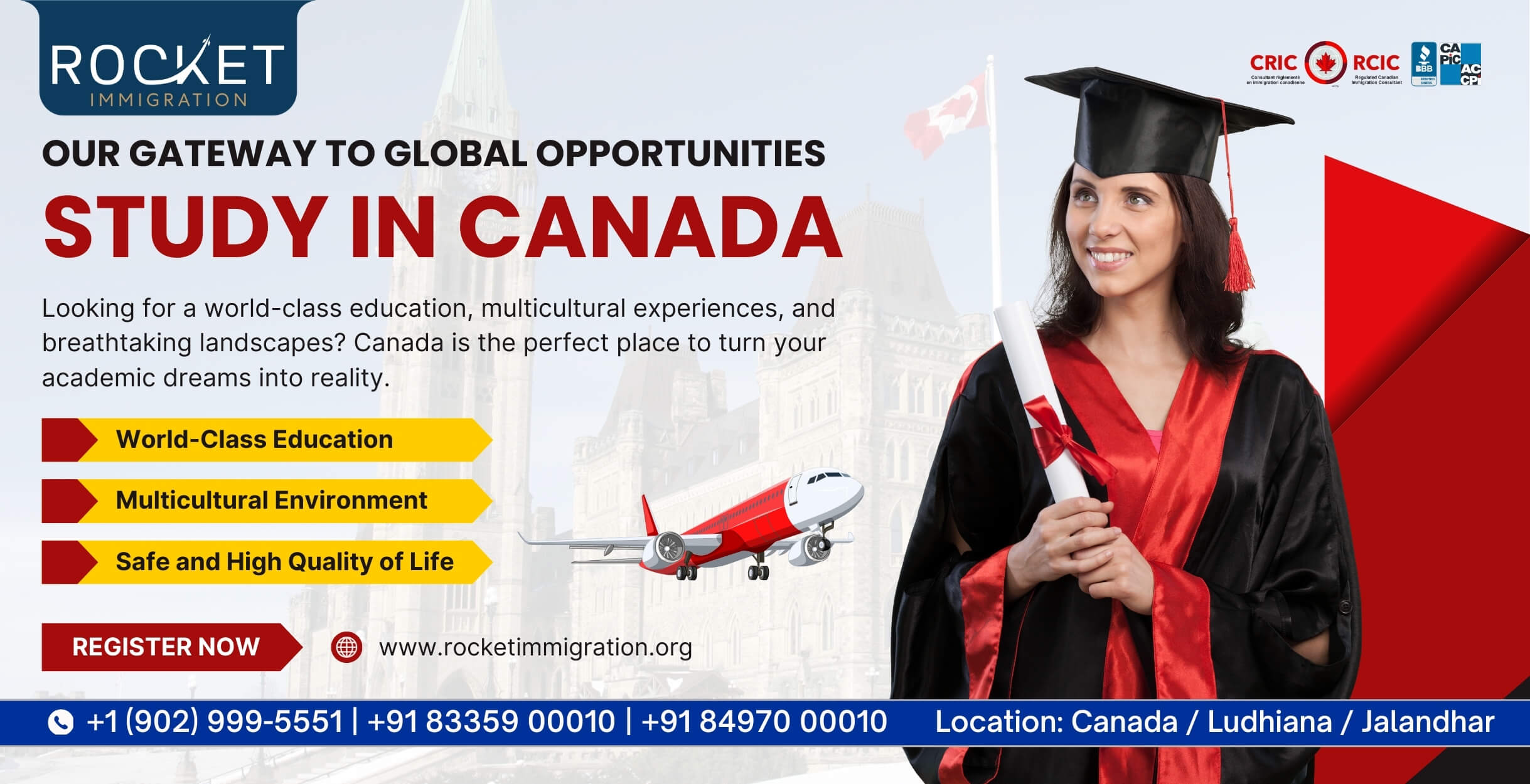 Study in Canada visa assistance for Indian students by Rocket Immigration consultants in Ludhiana Punjab